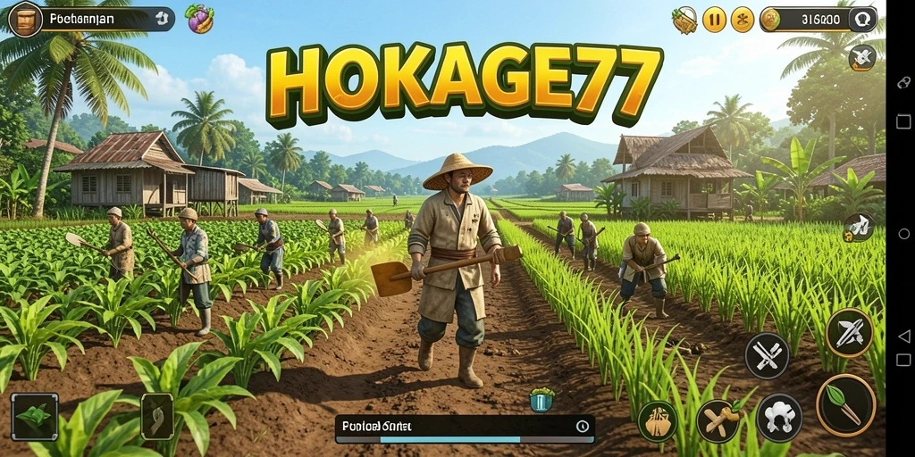 Tangkapan layar utama HOKAGE77 menampilkan petualangan bertani seru dan grafis yang menawan.